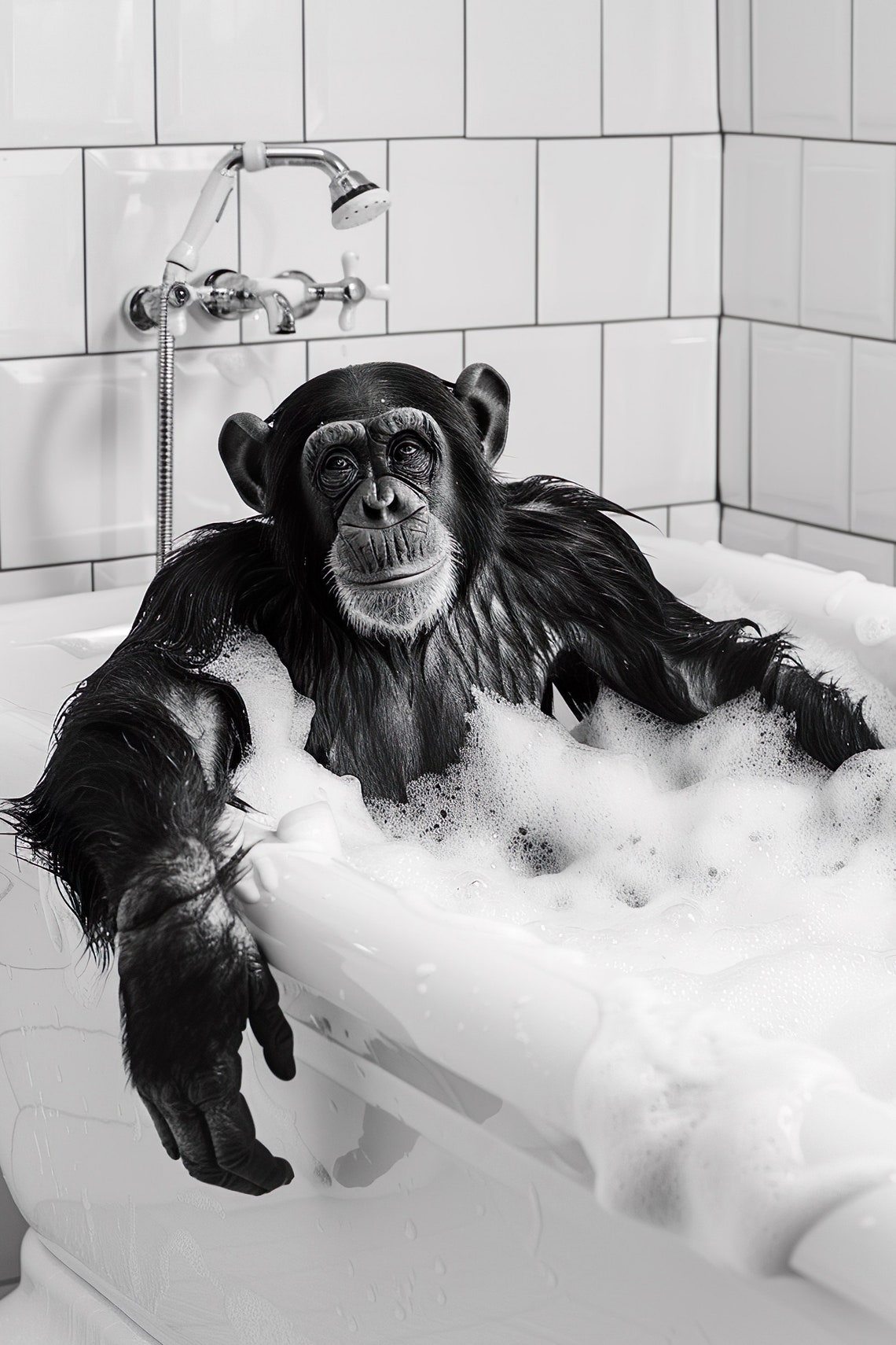 Monkey Bubble Bath Black And White Bathroom Humor Animal Poster