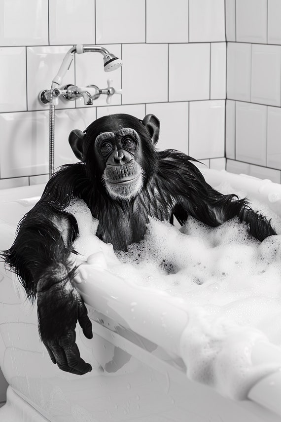 Monkey In The Bathtub Funny Animal Photograph Monkey Taking A Bubble Bath Ai Animal Print Funny Bathroom Wall Art Home