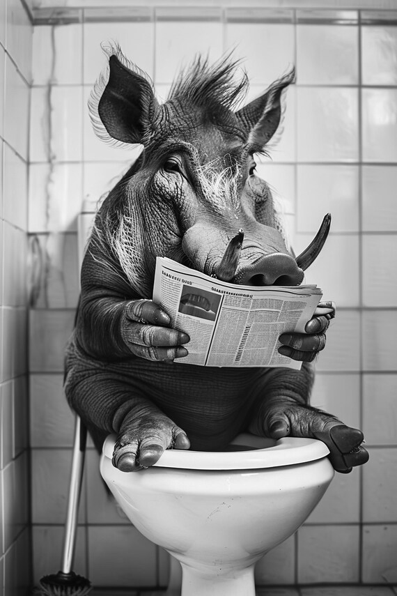 Warthog Reading Newspaper on Toilet Funny Bathroom Humor Poster