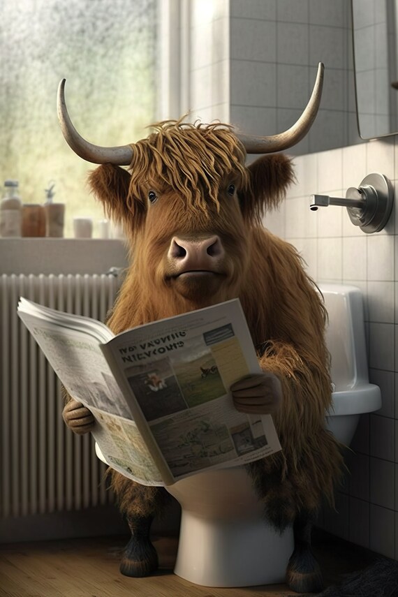 Highland Cow Reading Newspaper, Funny Bathroom Art Print