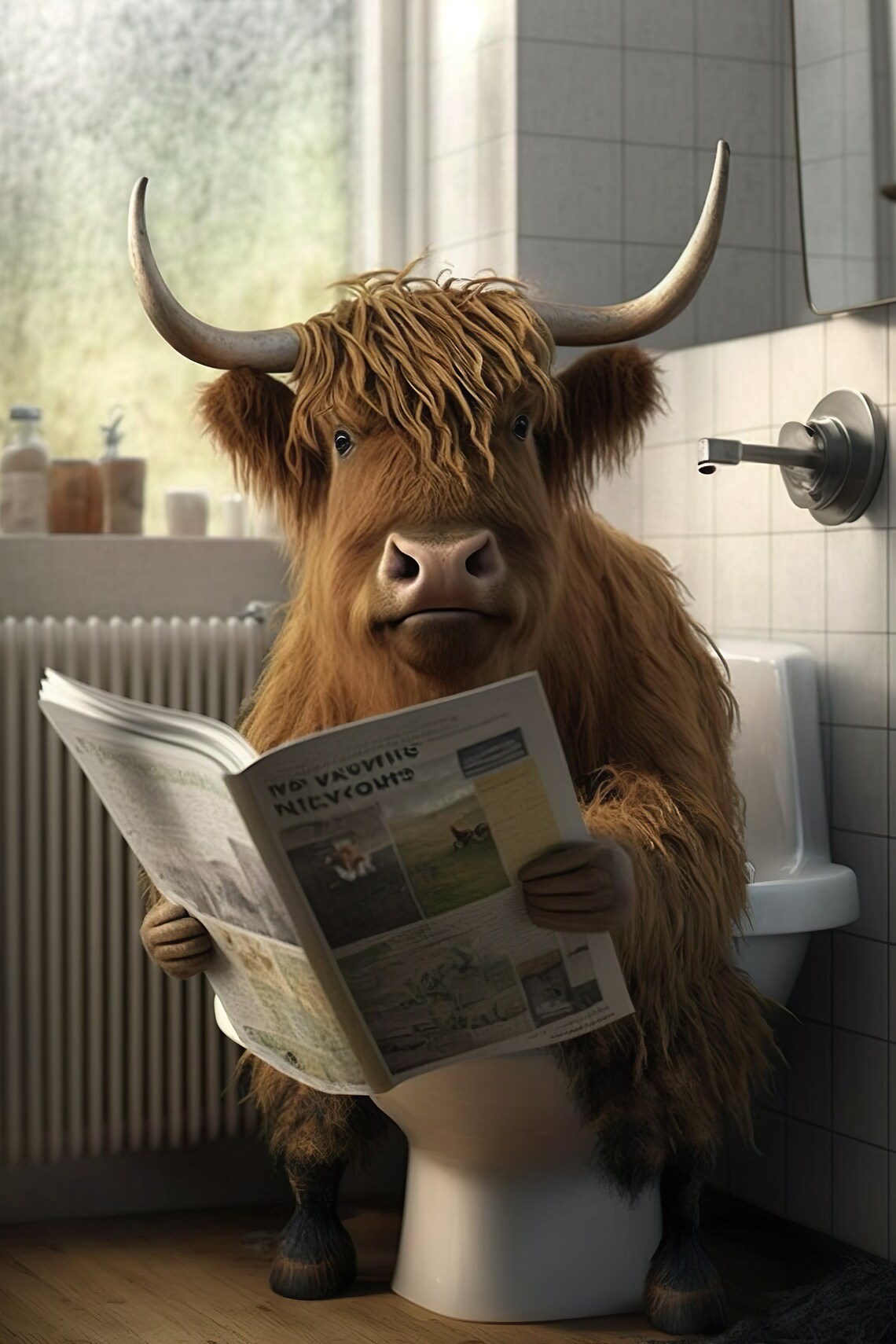 Highland Cow Reading Newspaper, Funny Bathroom Art Print