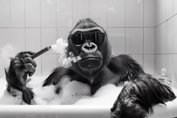 Cool Gorilla In Bathtub Smoking A Cigar Funny Bathroom Wall Art Vintage Style Animal Photography Gorilla Taking A Bath Ai Art
