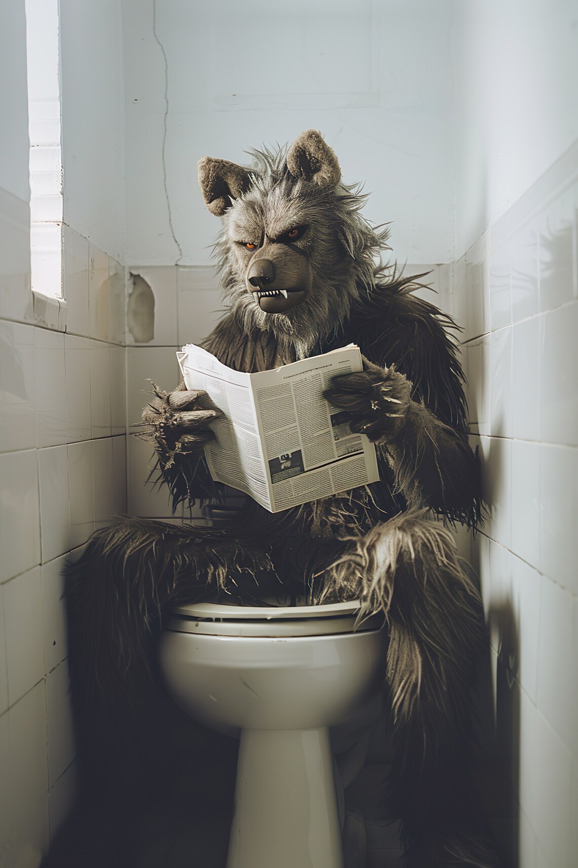 Funny Werewolf Sitting On Toilet Reading Newspaper Bathroom Poster
