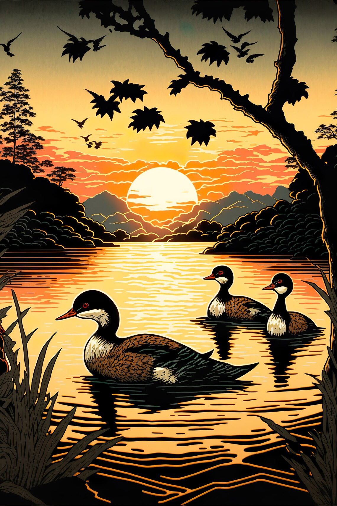 Serene Duck Family Swimming Golden Sunset Lake Japanese Poster