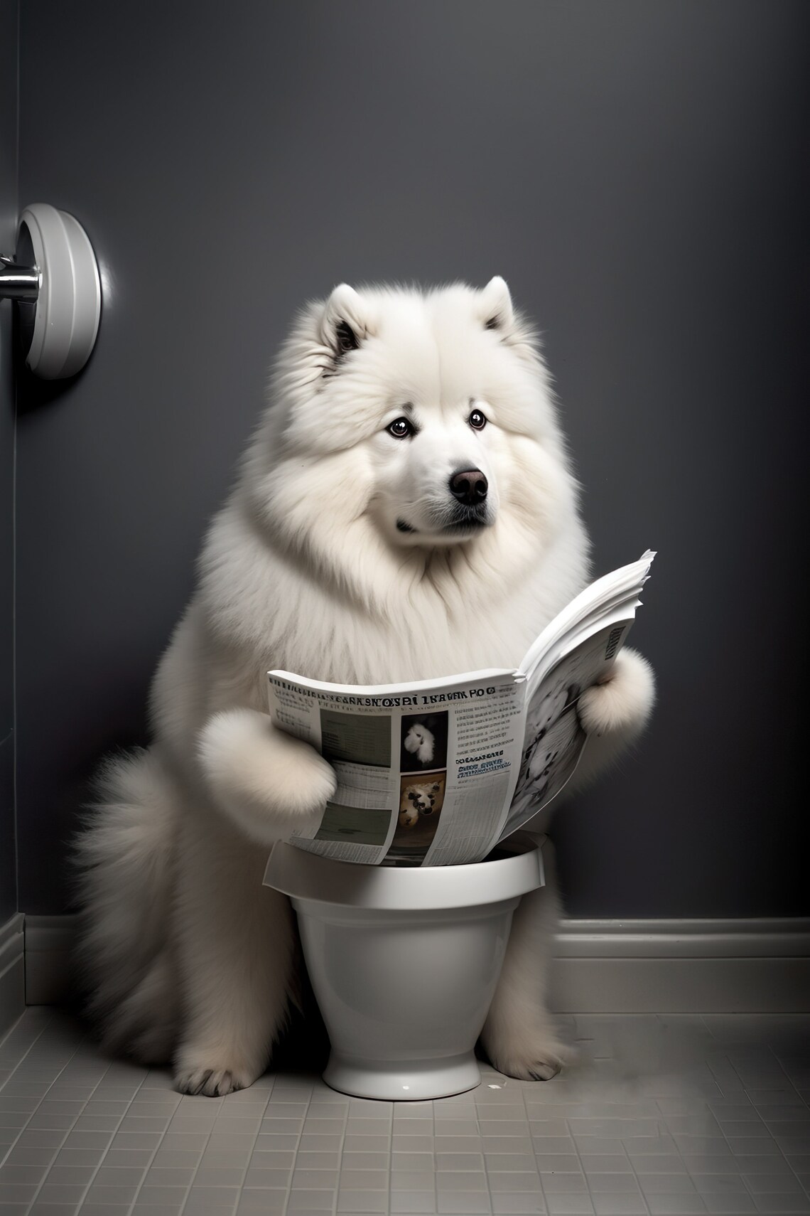 Samoyed Sitting On The Toilet Reading Newspaper