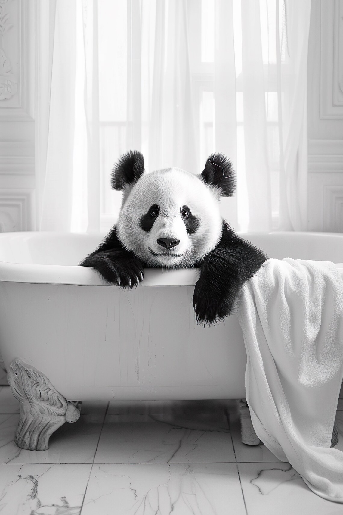 Panda Bubble Bath Funny Tub Black And White Bathroom Animal Poster