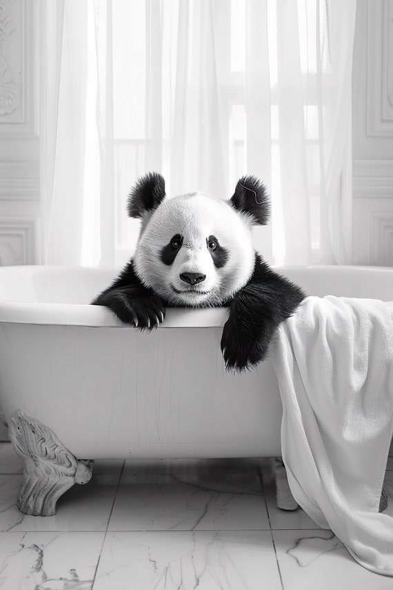 Panda In The Bathtub Funny Animal Photograph Panda Bear Taking A Bubble Bath Ai Animal Print Funny Bathroom Wall Art Home