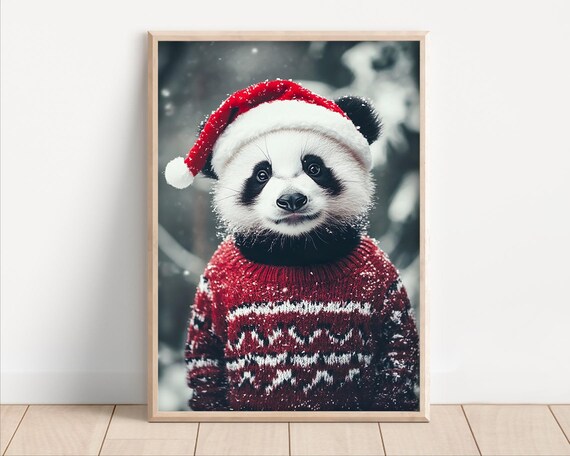 Baby Panda in Santa Hat and Red Sweater Snowy Christmas Winter Animal Poster
