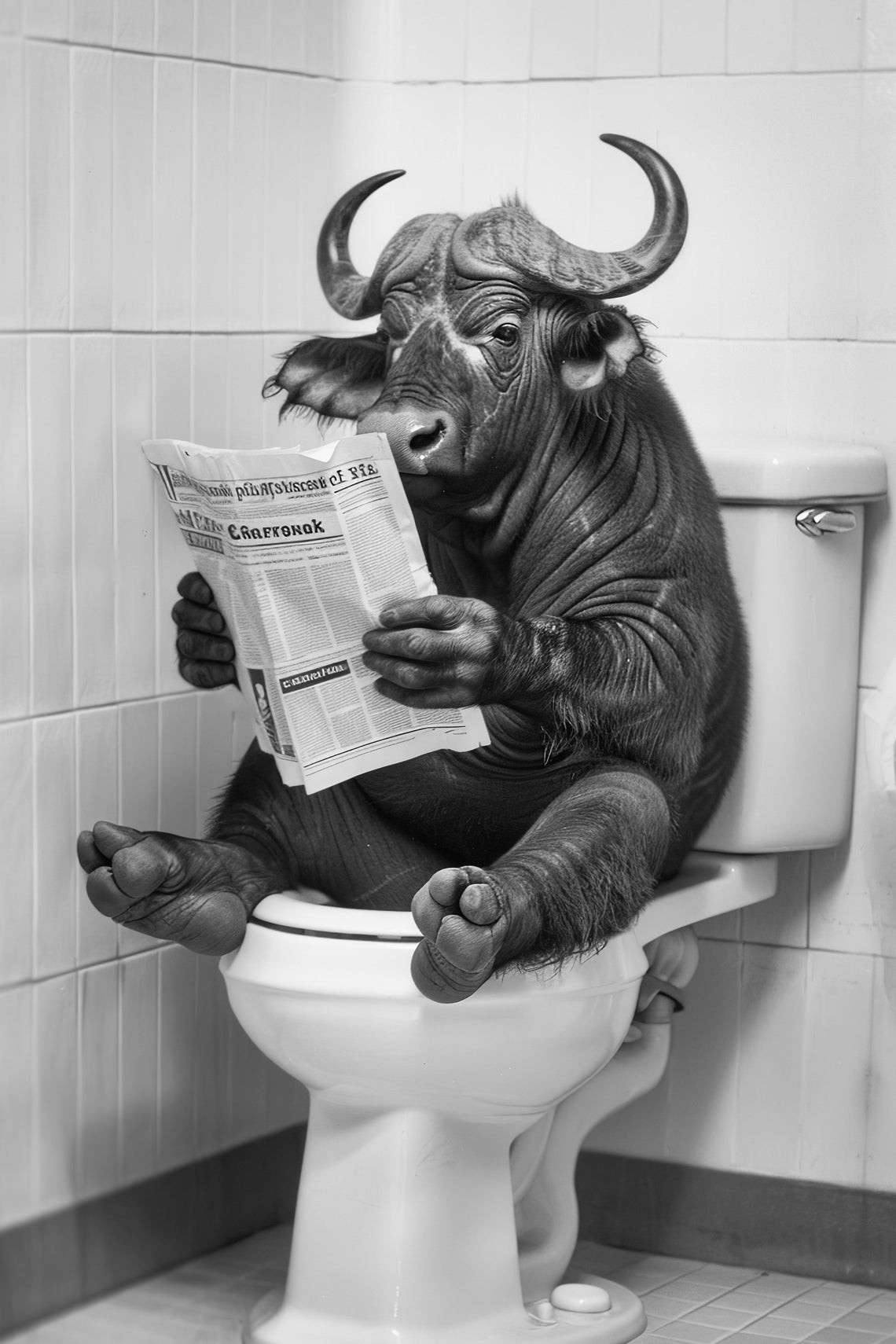 Cape Buffalo Reading Newspaper on Toilet Funny Bathroom Humor Poster