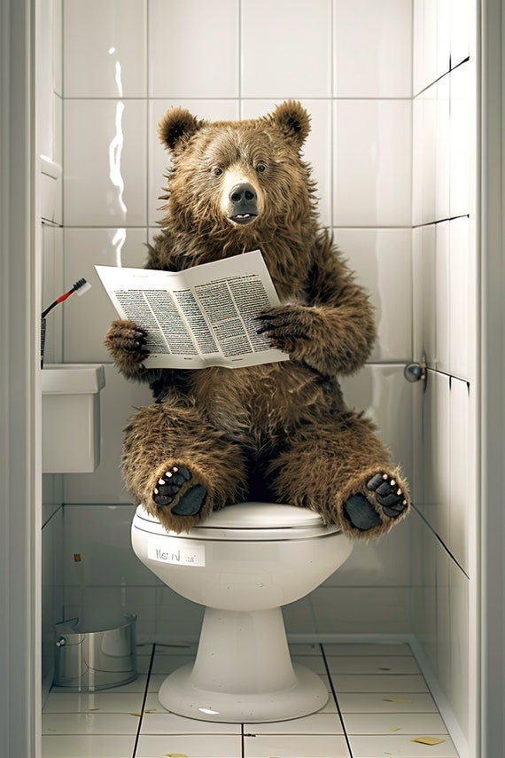 Bear Sitting On The Toilet Reading A Newspaper Funny Bathroom Humor Wall Decor Funny Animal Print Home Ai Prints