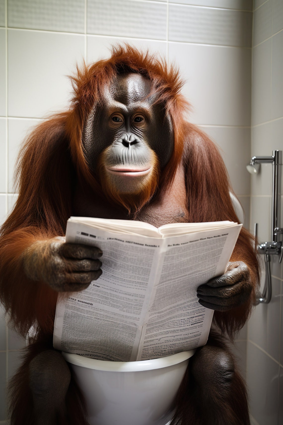 Orangutan Smiling While Reading Newspaper on Toilet Funny Poster