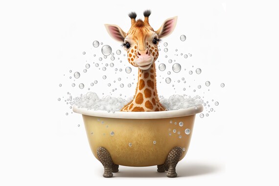 Cute Baby Giraffe In The Bathtub Bathroom Wall Print