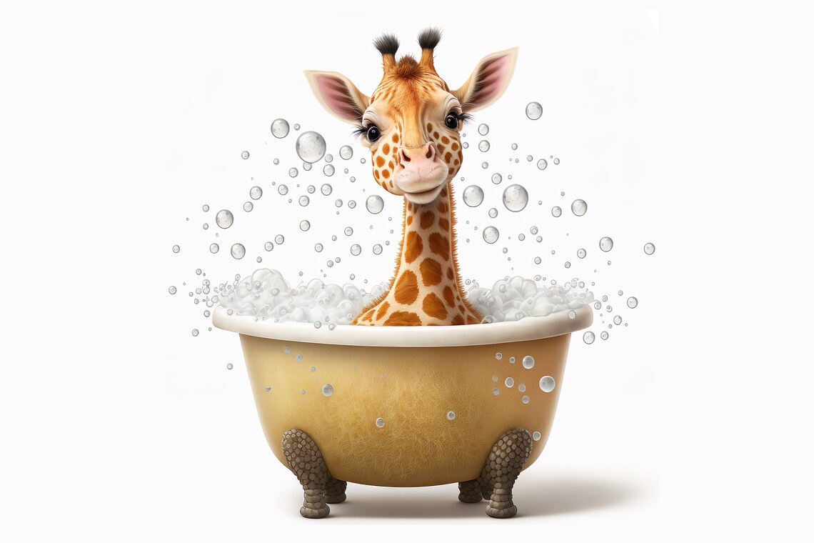 Cute Baby Giraffe In The Bathtub Bathroom Wall Print