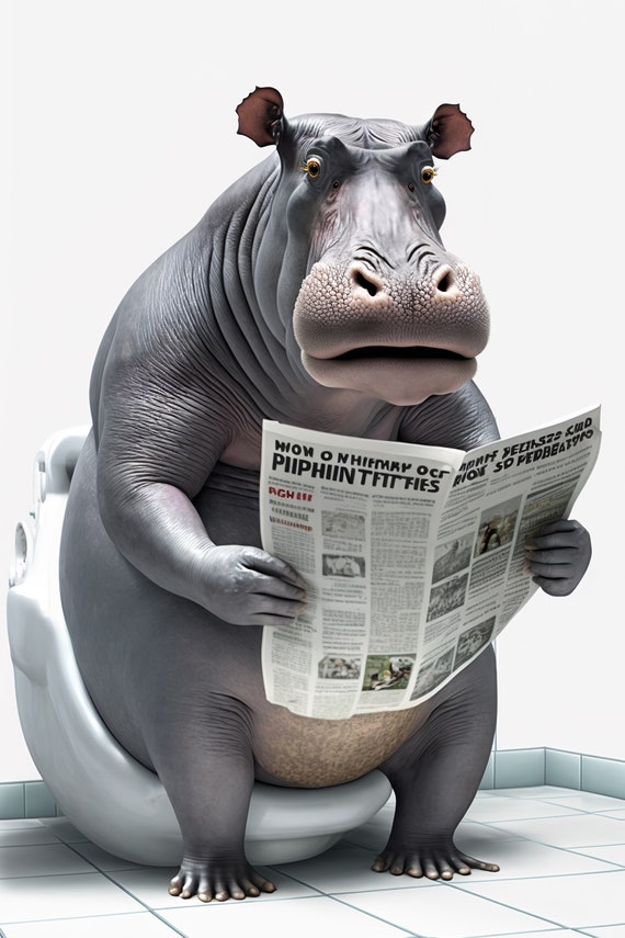 Hippo Sitting on the Toilet Reading a Newspaper, Funny Bathroom Art Print