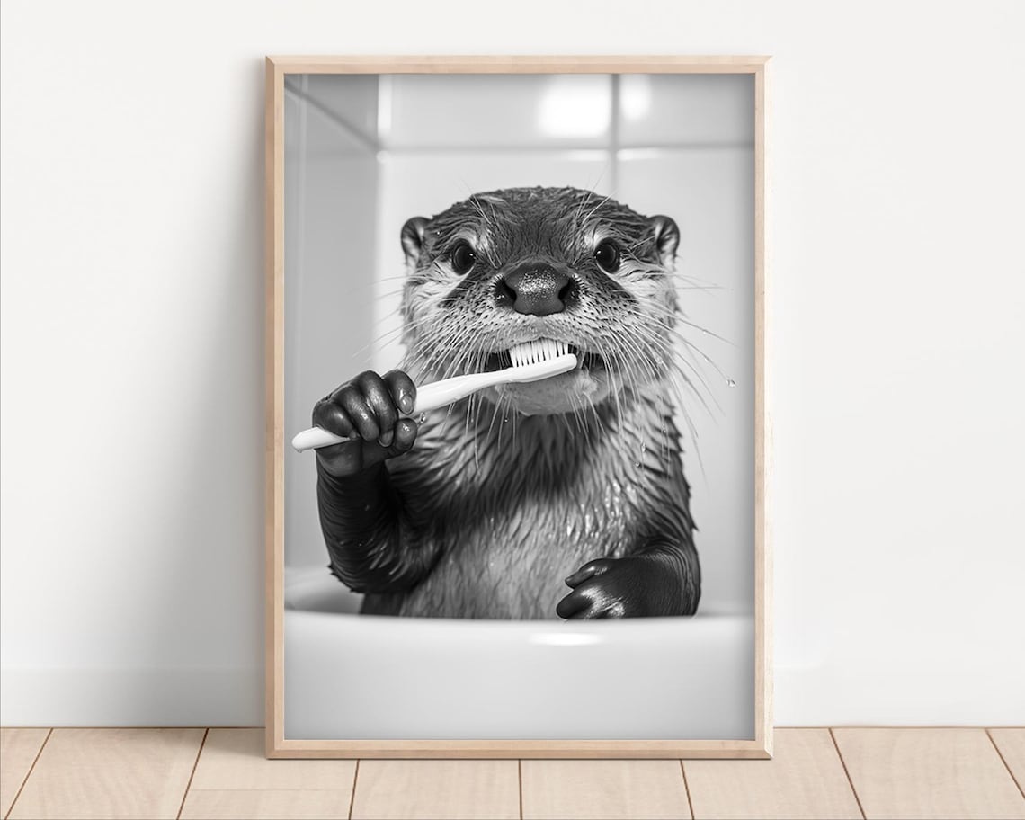 Otter Brushing Teeth Funny Bathroom Wall Art Print