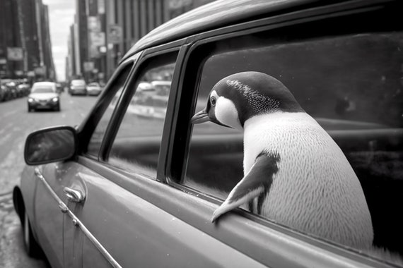Penguin Riding In A Car In New York City Penguin Comes To Town Funny Animal Vintage Photo Retro Penguin Wall Print Ai Art