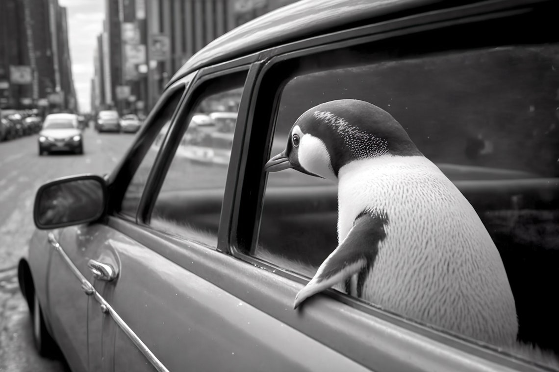 Penguin In Car Window City Street Black And White Funny Animal Poster