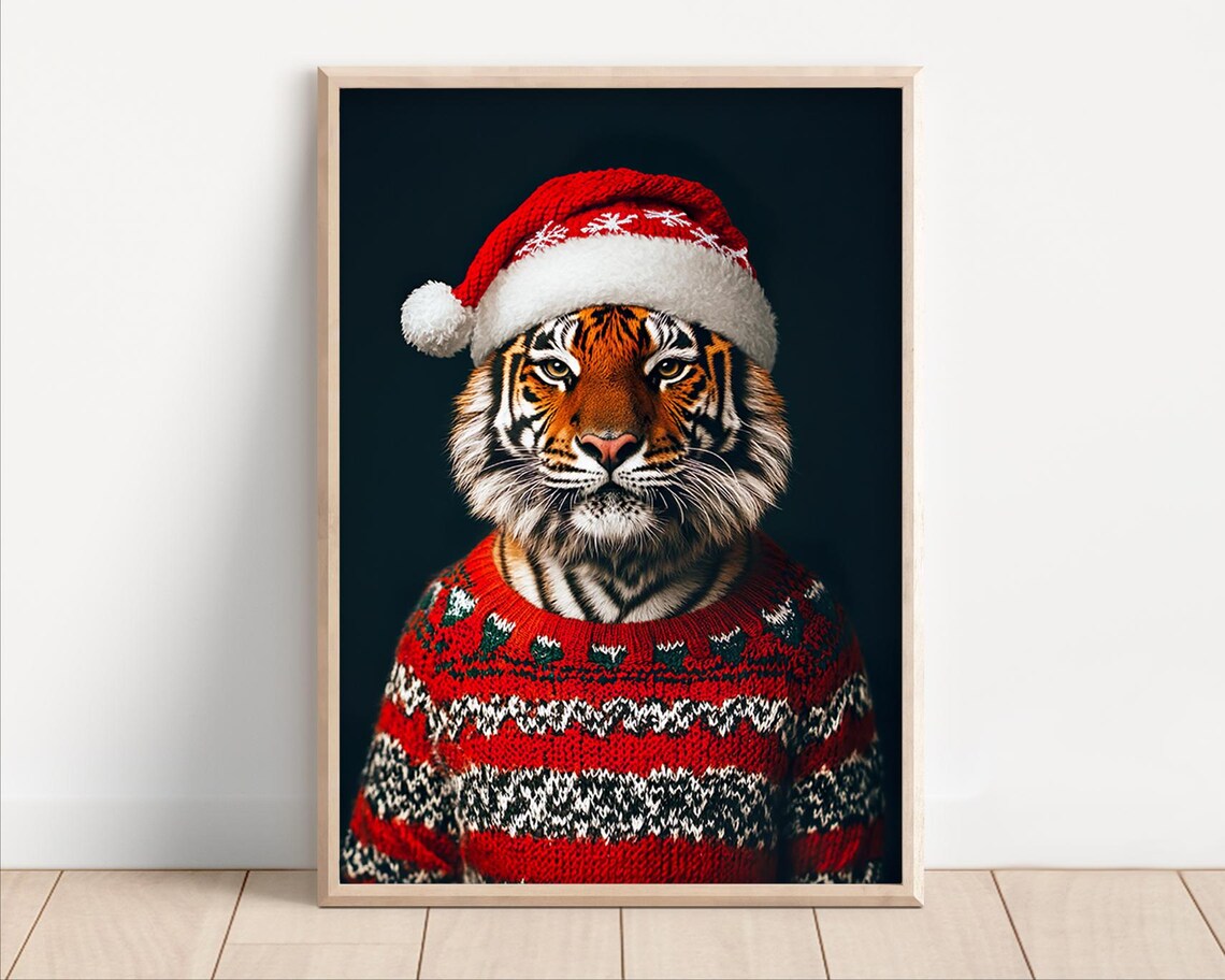 Cute Christmas Tiger Retro Winter Animal Art Print