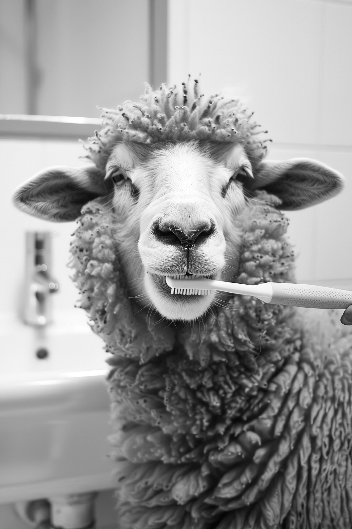 Funny Sheep Brushing Teeth Bathroom Art Print