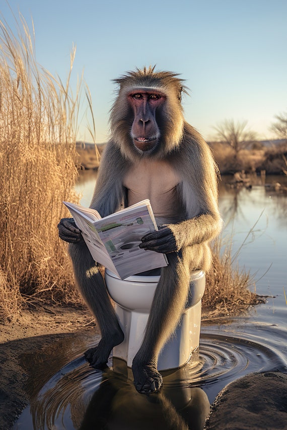 Mandrill Monkey Sitting On The Toilet Reading A Newspaper Funny Bathroom Wall Art Funny Monkey Print Animal Photos Ai Art