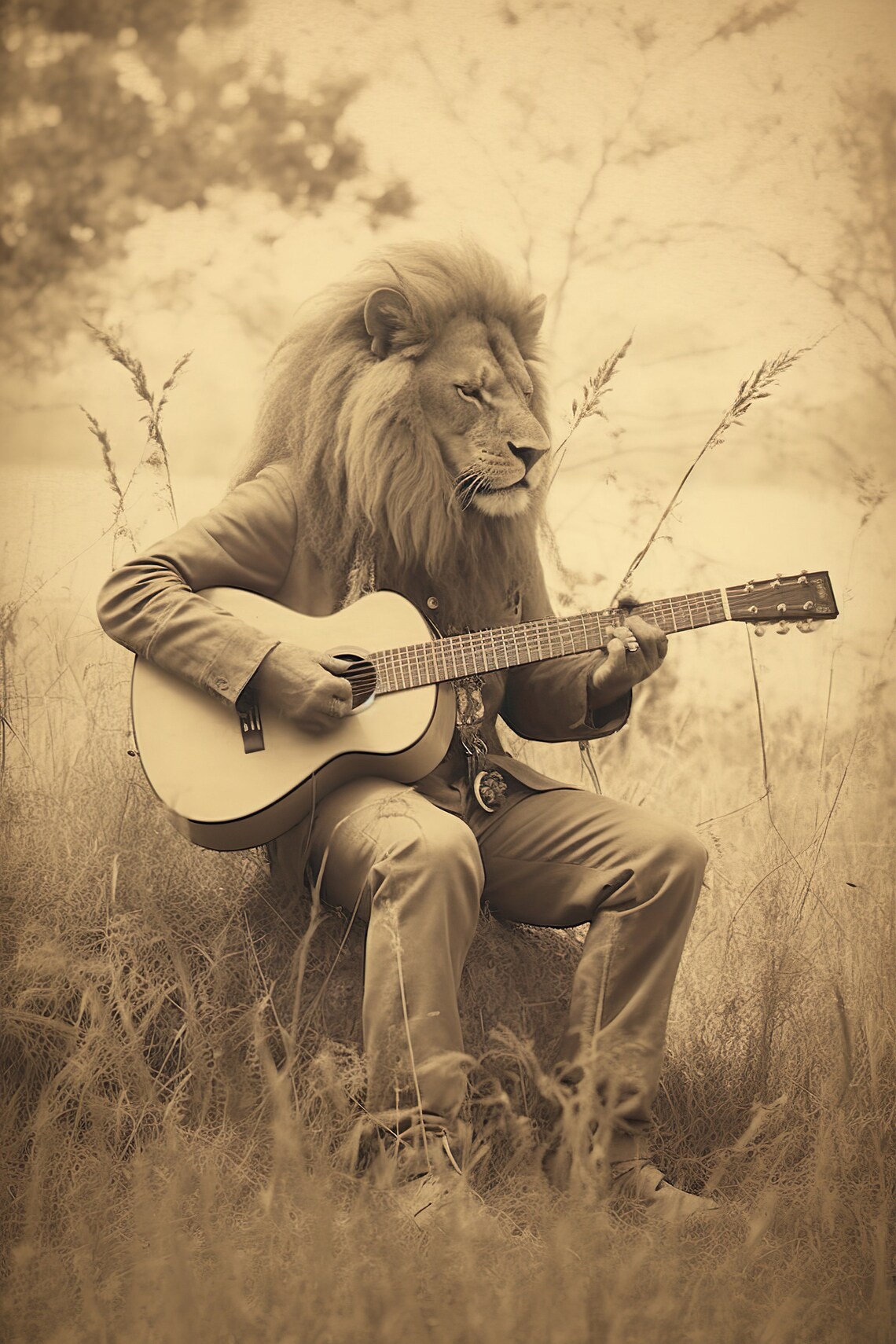 Lion Playing Guitar Vintage Sepia Animal Musician Field Poster