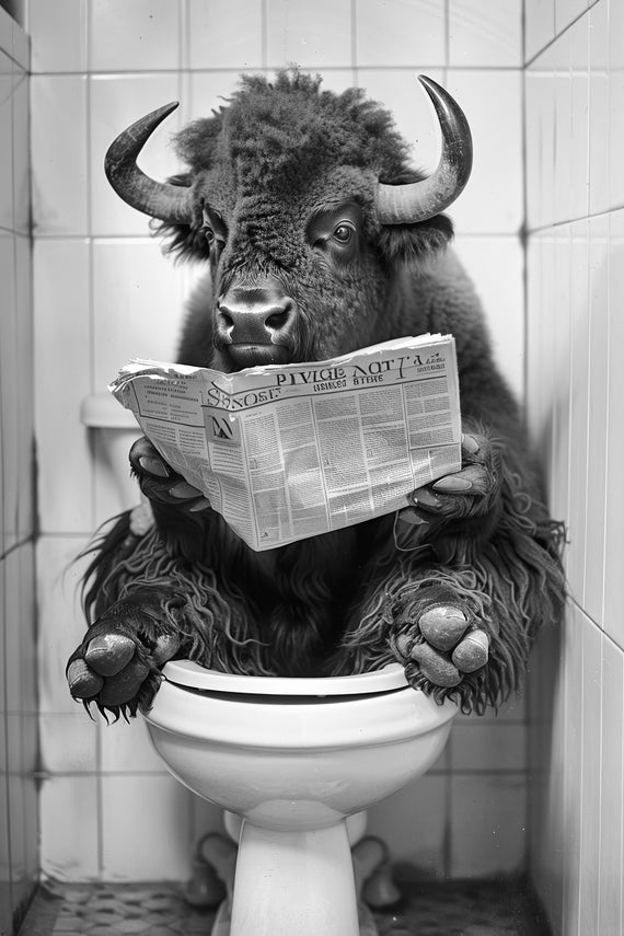 Bison Sitting On The Toilet Reading A Newspaper Funny Bathroom Wall Art Funny Vintage Style Animal Photo Animal Print Ai Art