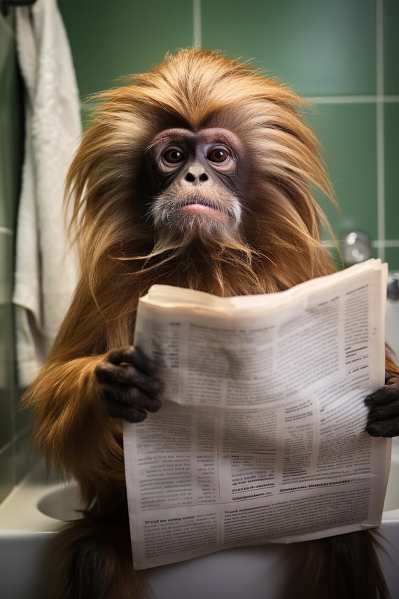 Tamarin Monkey Sitting On The Toilet Reading A Newspaper Funny Bathroom Wall Art Funny Monkey Print Animal Photo Ai Art