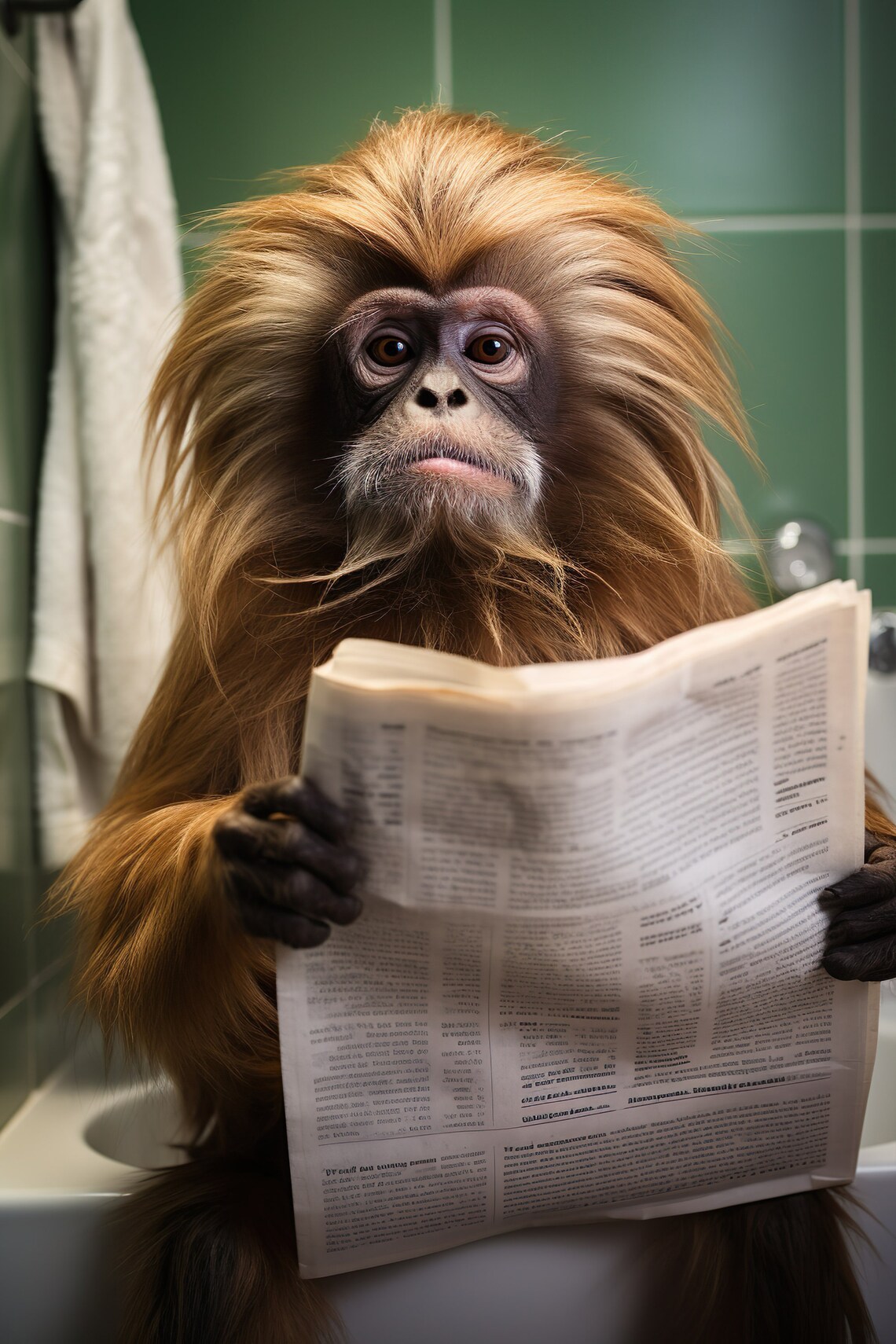 Golden Tamarin Monkey Reading Newspaper Toilet Bathroom Decor Poster