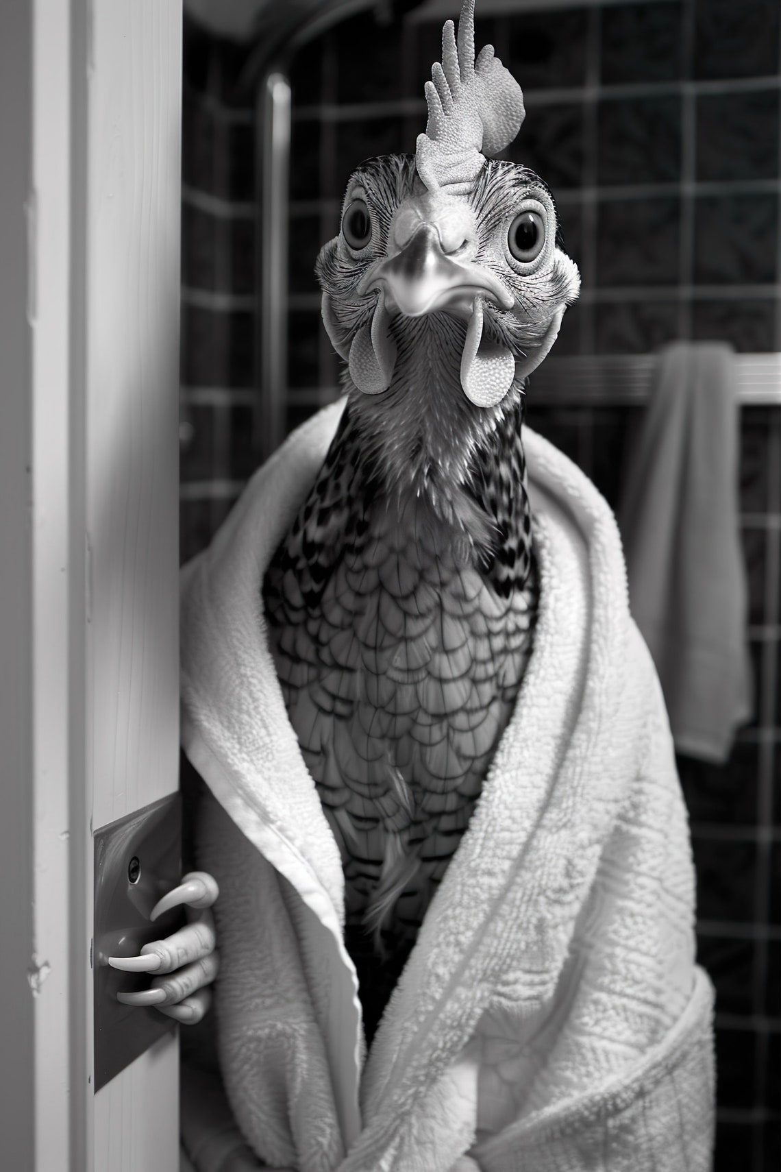 Chicken in Bathrobe Peeking Through Door Funny Bathroom Poster