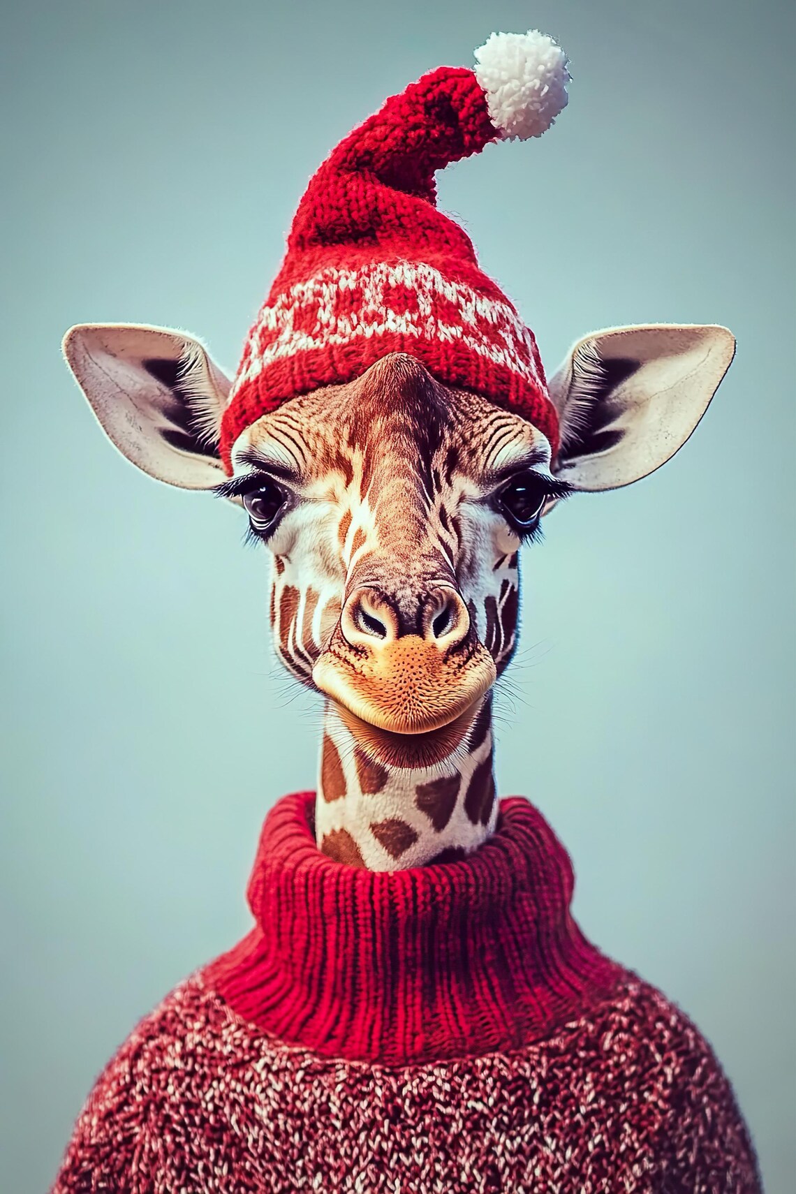 Giraffe in Santa Hat and Red Turtleneck Sweater Cute Christmas Animal Poster - Image 2