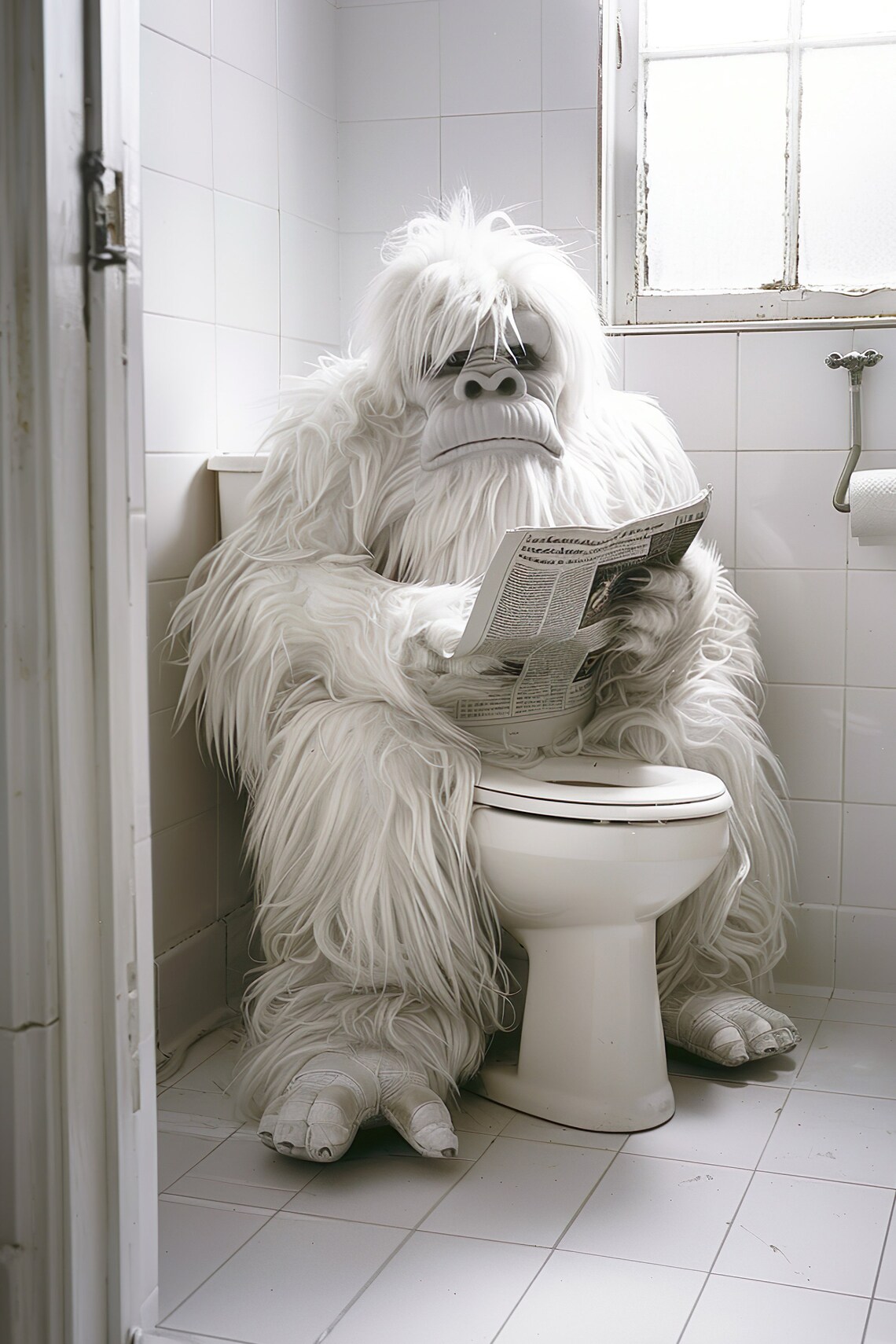 Yeti Sitting on Toilet Reading Newspaper Funny Bathroom Humor Poster