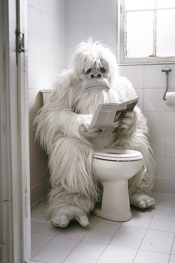Yeti Sitting on Toilet Reading Newspaper Funny Bathroom Humor Poster