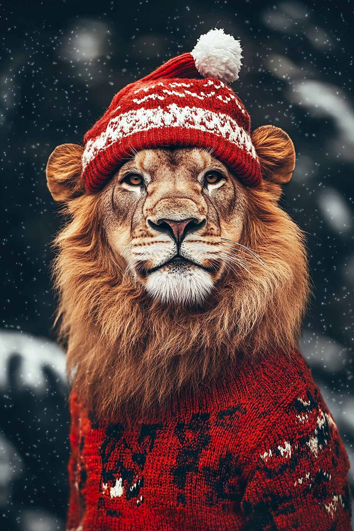 Lion in Red Santa Hat and Sweater Christmas Winter Wildlife Animal Poster - Image 2