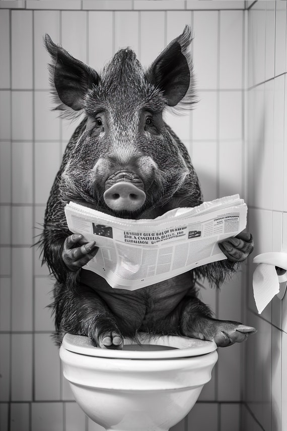 Wild Boar On The Toilet Reading A Newspaper Funny Bathroom Wall Art Funny Vintage Style Animal Photo Animal Print Ai Art