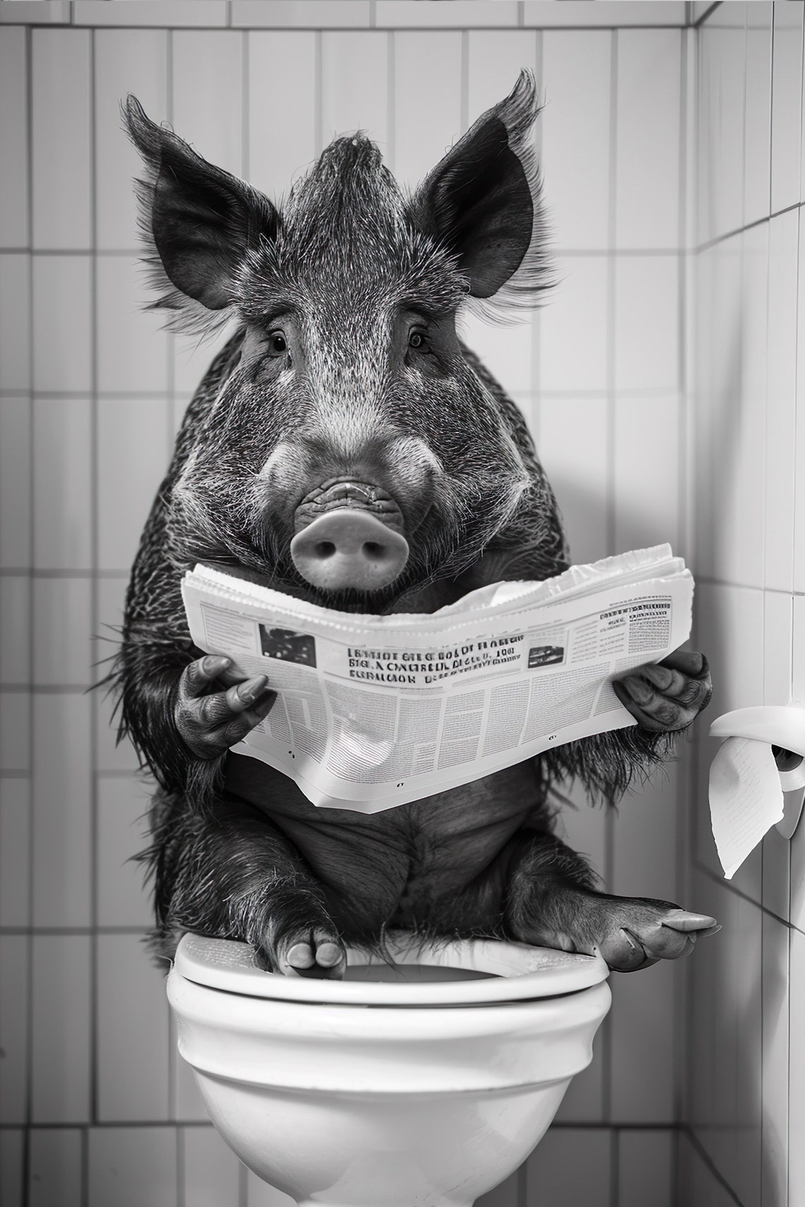 Funny Wild Boar Reading Newspaper on Toilet Humorous Bathroom Poster