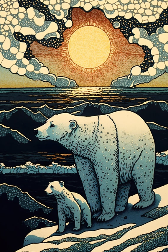 Polar Bear Mama And Baby Cub Pointillism Animal Art Arctic Landscape Polar Bear Print Beautiful Home Wall Decor Ai Created