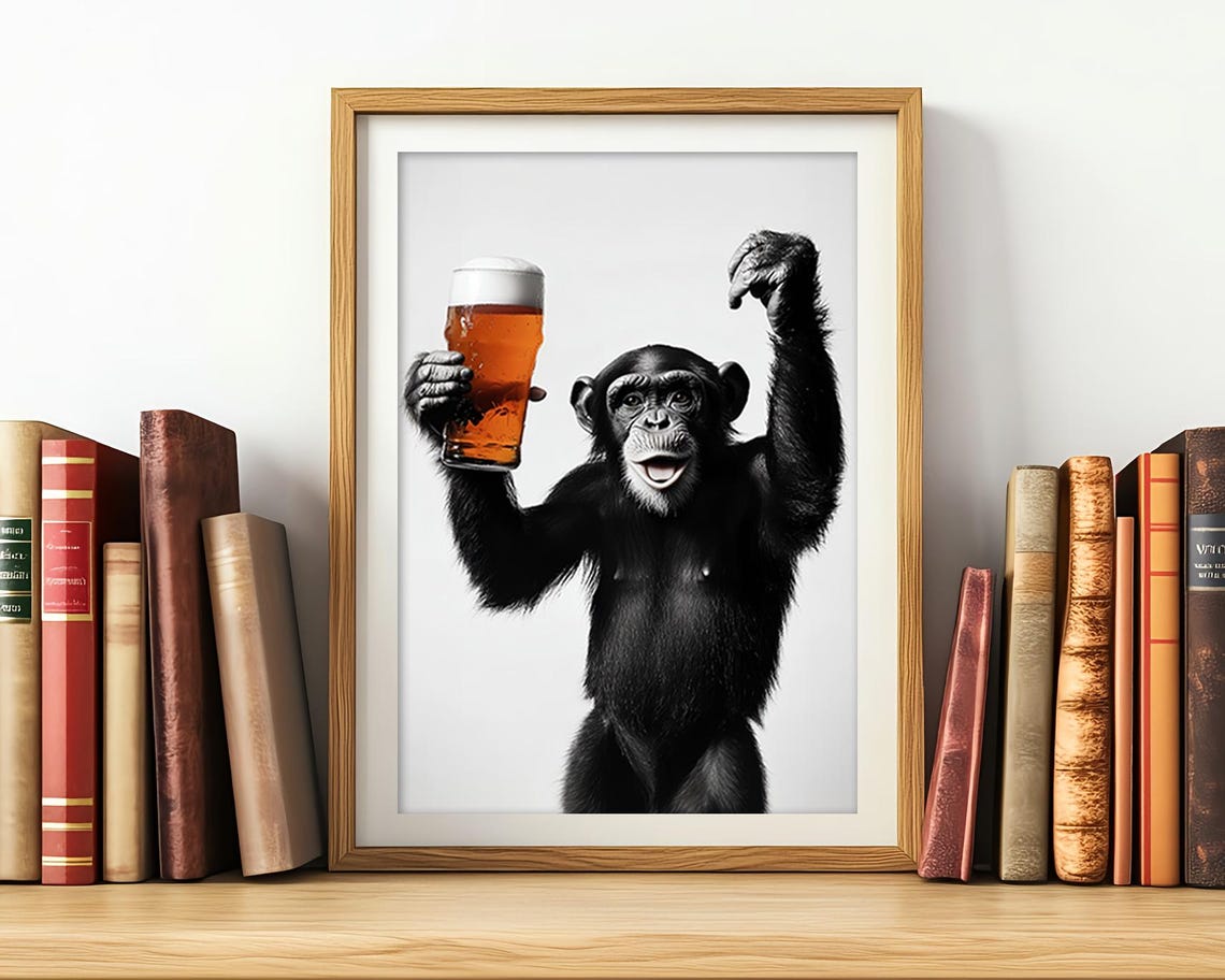 Monkey Drinking Beer Funny Kitchen Wall Art Home Bar Decor Funny Animal Alcohol Humor Funny Beer Lover Art Print Ai Art - Image 2