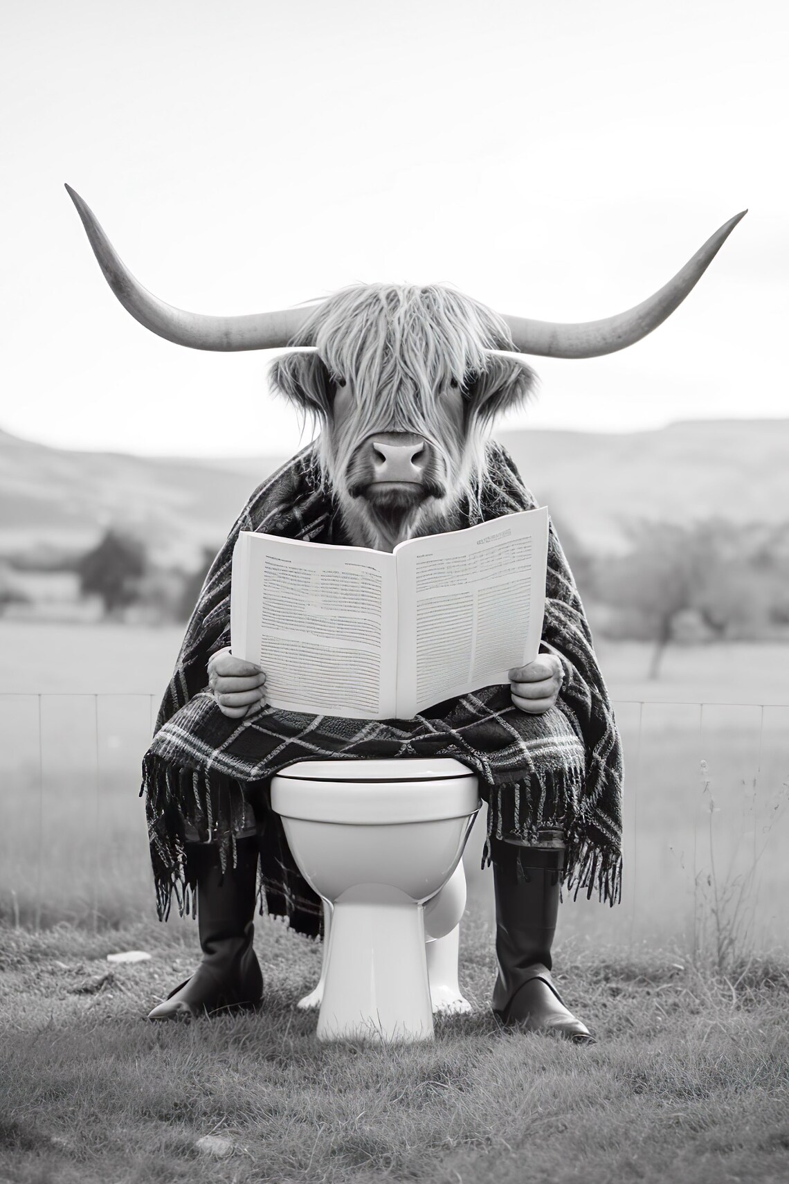 Highland Cow Reading Newspaper on Toilet Funny Outdoor Poster