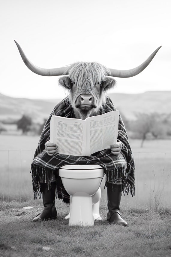 Highland Cow Sitting On The Toilet Reading A Newspaper Funny Bathroom Wall Decor Funny Animal Print Home Ai Art
