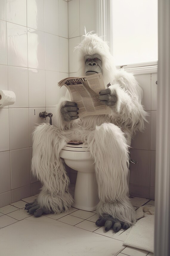 Yeti Reading Newspaper on the Toilet by the Window Funny Bathroom Poster