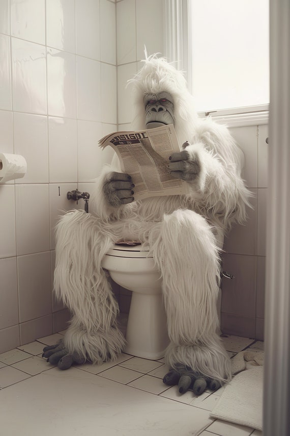 Yeti Sitting On The Toilet Reading A Newspaper Funny Bathroom Humor Funny Mythical Creature Wall Art Home Ai Art Prints
