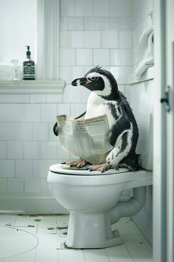 Penguin On Toilet Reading The Morning Newspaper Funny Bathroom Poster