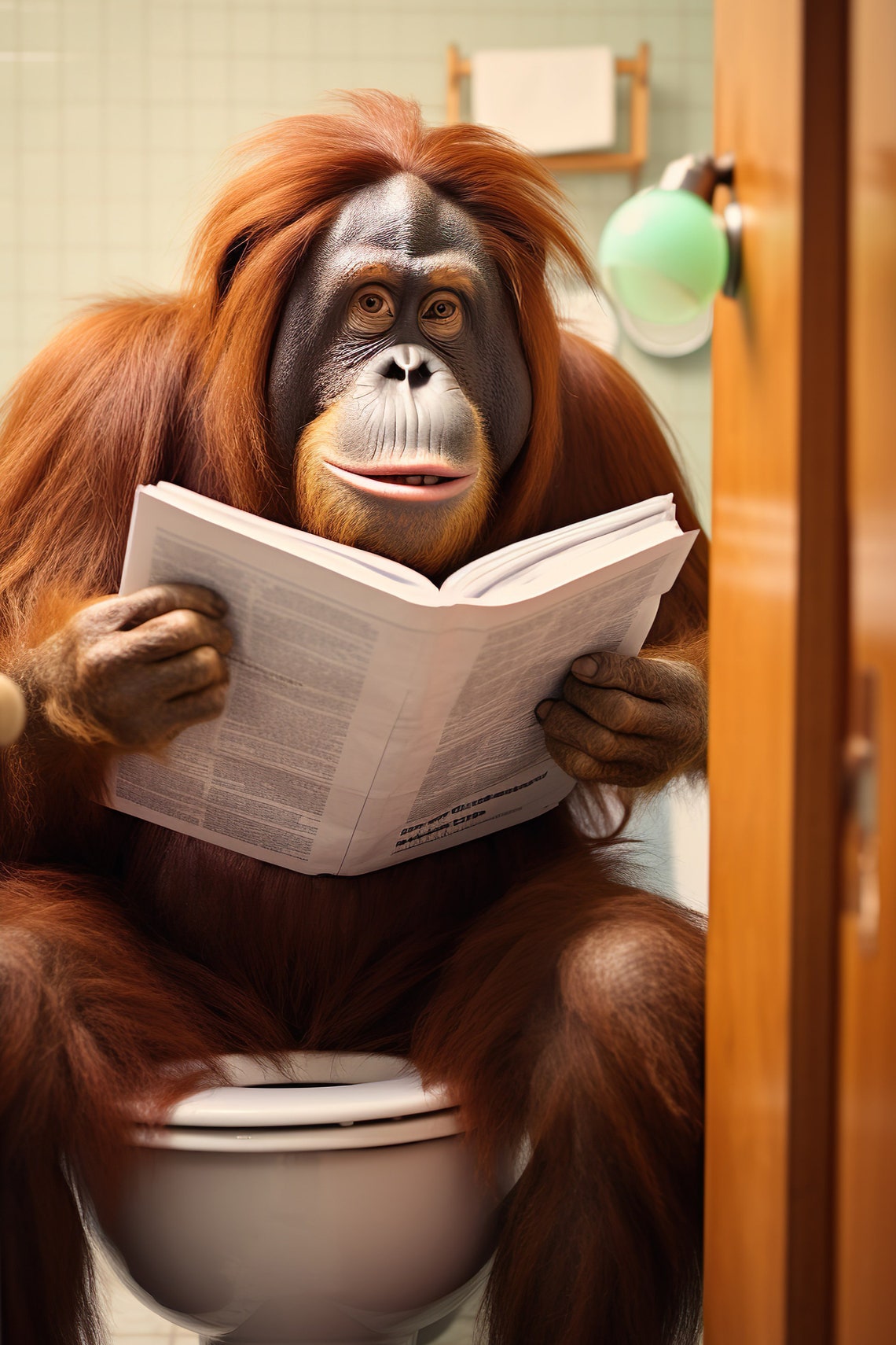 Orangutan Reading Newspaper on Toilet Funny Bathroom Wall Art