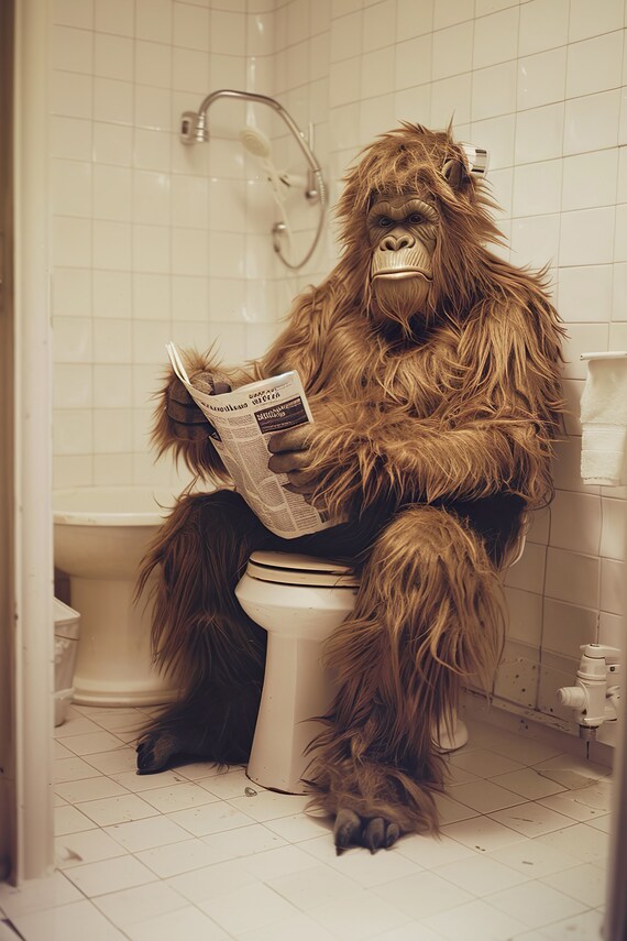 Bigfoot Sasquatch Reading Newspaper On The Toilet Funny Bathroom Poster