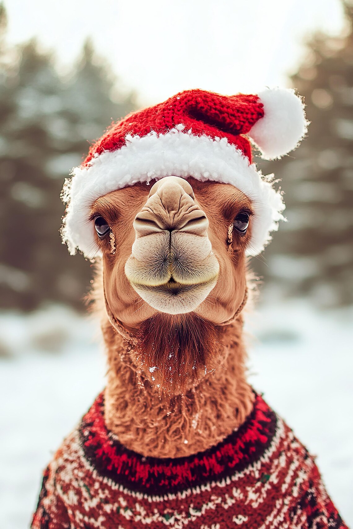 Camel in Santa Hat and Red Sweater Snowy Christmas Winter Animal Poster - Image 2