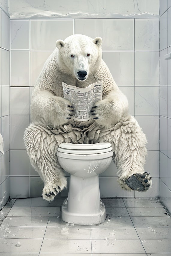 Polar Bear Sitting On The Toilet Reading A Newspaper Funny Bathroom Humor Wall Decor Funny Animal Print Home Ai Art Prints