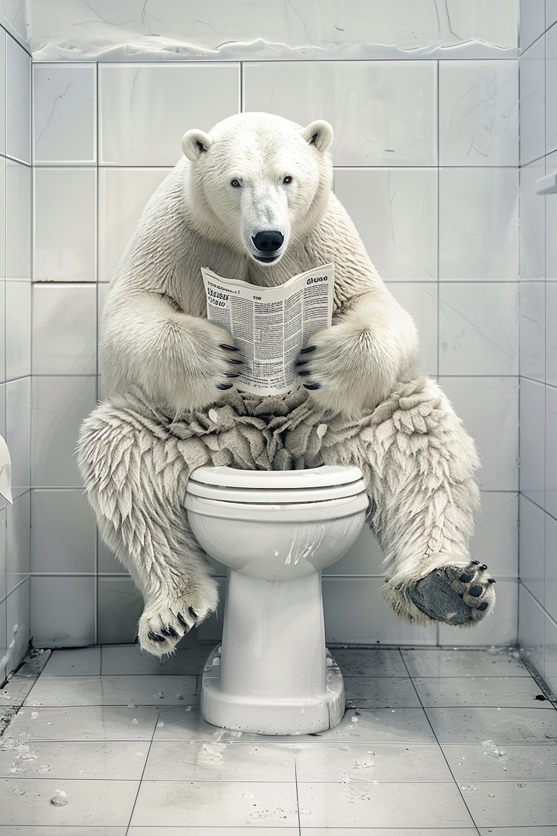Polar Bear Sitting On Toilet Reading Newspaper Funny Bathroom Poster