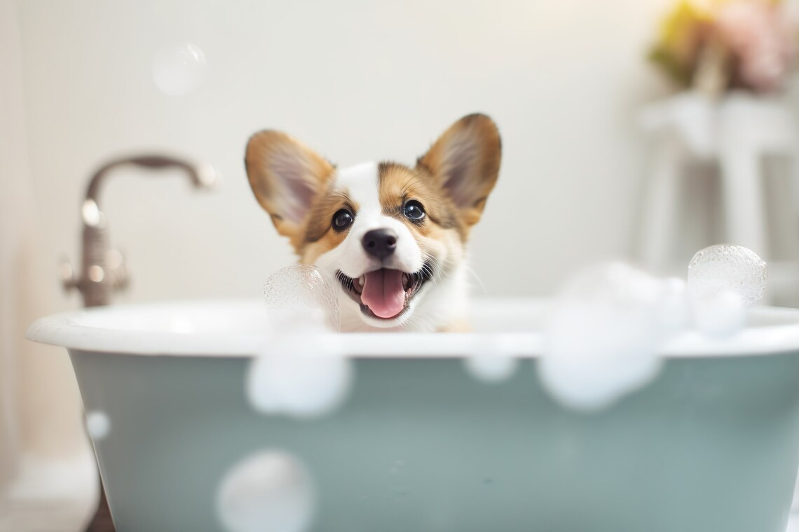 Corgi Pup In The Bathtub, Funny Bathroom Art