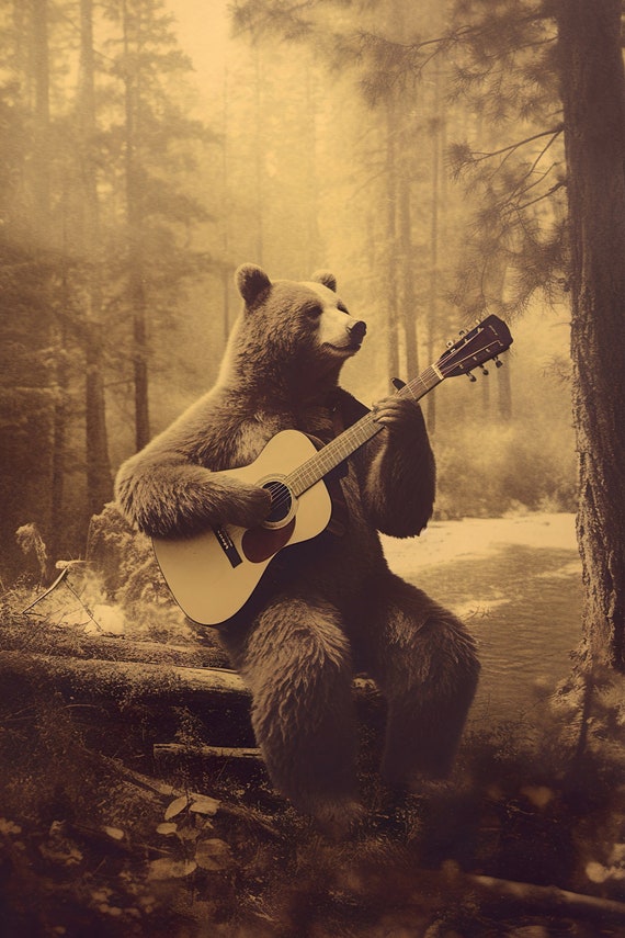 Bear Playing Guitar Funny Vintage Animal Print Bear Photograph Retro Bear Humor Vintage Wall Art Home Decor Ai Art