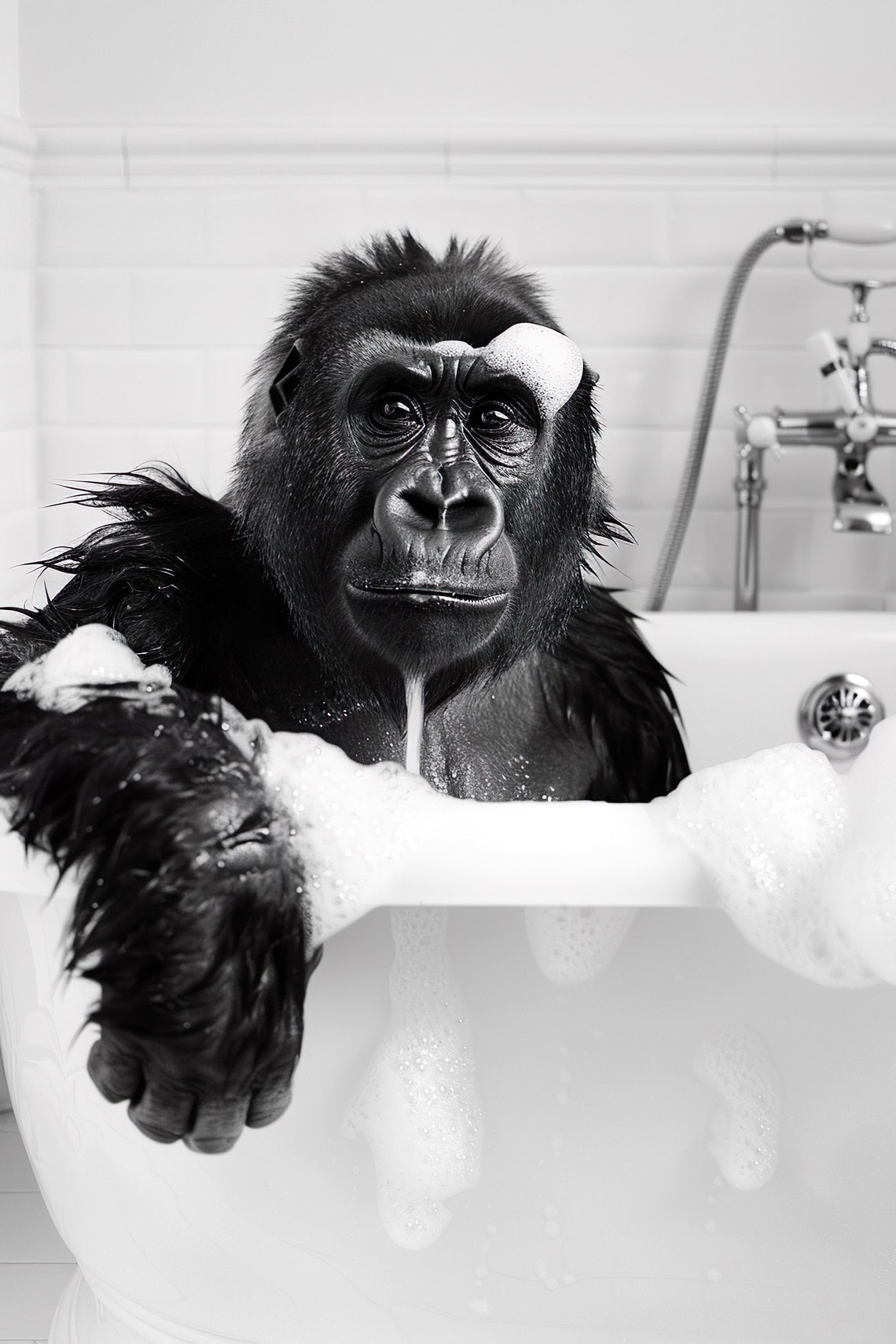 Gorilla Bubble Bath Funny Suds Black And White Animal Poster